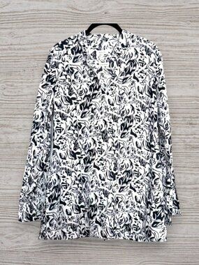 Malvin Linen Lagenlook Black White Floral Euro Tailored Tunic Blouse Art Chic M